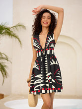 Geometric Graphic V-Neck Tie-Waist Zipper Sleeveless Dress