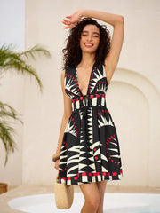 Geometric Graphic V-Neck Tie-Waist Zipper Sleeveless Dress