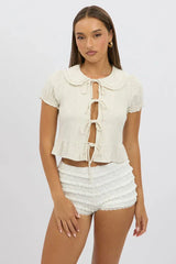 Beige Tie Front Top Collared