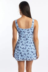 Blue Ditsy Mini Dress Gathered Bust