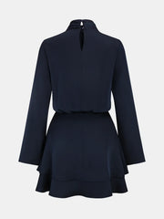 Long Sleeve Cross Neck Satin Tiered Mini Dress