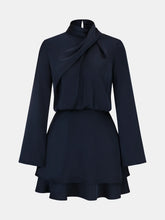 Long Sleeve Cross Neck Satin Tiered Mini Dress
