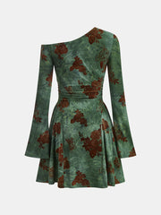 Flocked Floral Print One-Shoulder Mini Dress
