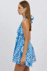 Blue Abstract Playsuit Halter Neck