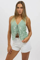 Green Linen Vest Sleeveless Embroidery