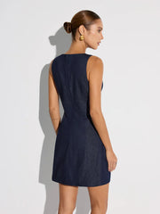 Keyhole Neckline Button Denim Mini Dress