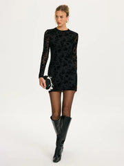 Flocked Floral Mesh Backless Mini Dress