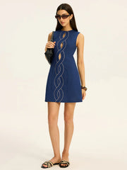 Linen & Cotton Cut-Out Contrast-Stitch Mini Dress