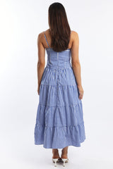 Blue Check Maxi Dress Satin Tape Detail