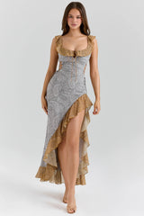 paisley print georgette ruffle maxi dress