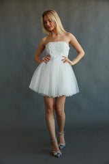 Grace Strapless Floral Applique Tulle Babydoll Mini Dress
