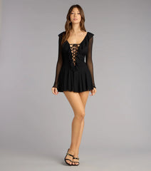 Lace-Up Moment Sheer Long Sleeve Mini Dress