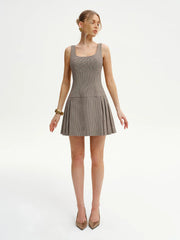 Houndstooth Square-Neck Pleated Mini Dress