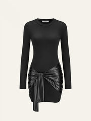 Faux Leather Paneled Knit Long Sleeve Mini Dress