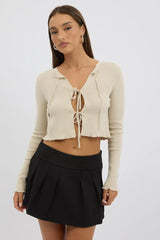 Beige Tie Up Knit Cardigan