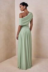 Emberly | Green Draped Asymmetric-Neck Maxi Dress With Drop-Waist